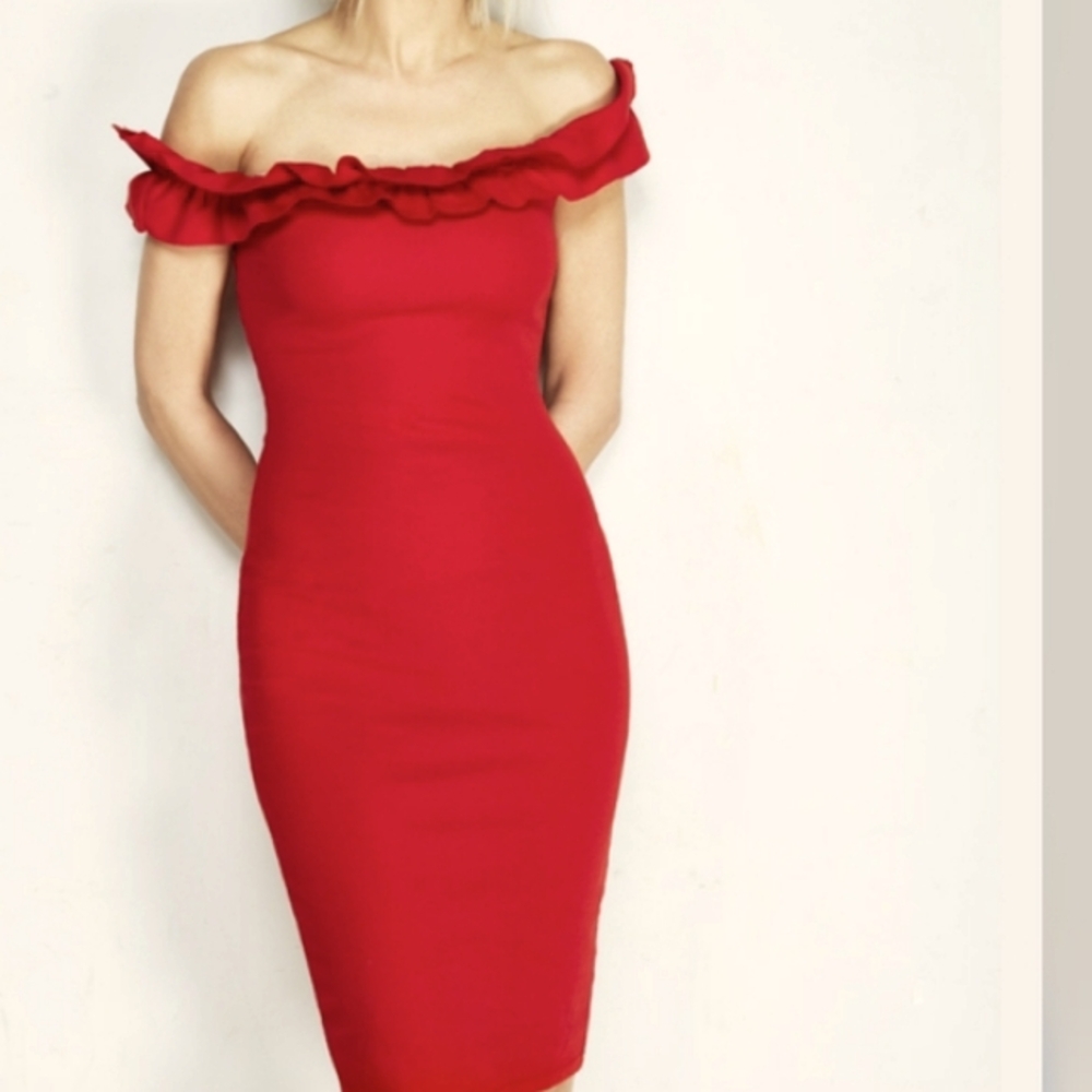 Zara Red Strapless Ruffled Bodycon Dress Used but Good Condition